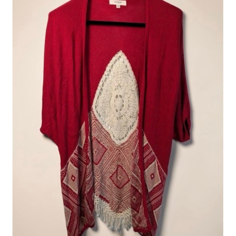 Umgee Dreamcatcher Red Knit Boho Festival Kimono Crochet Lace Fringe Hem M/L